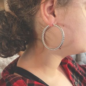 Big silver hollow hoops with coiled/braided/cable design in stainless steel